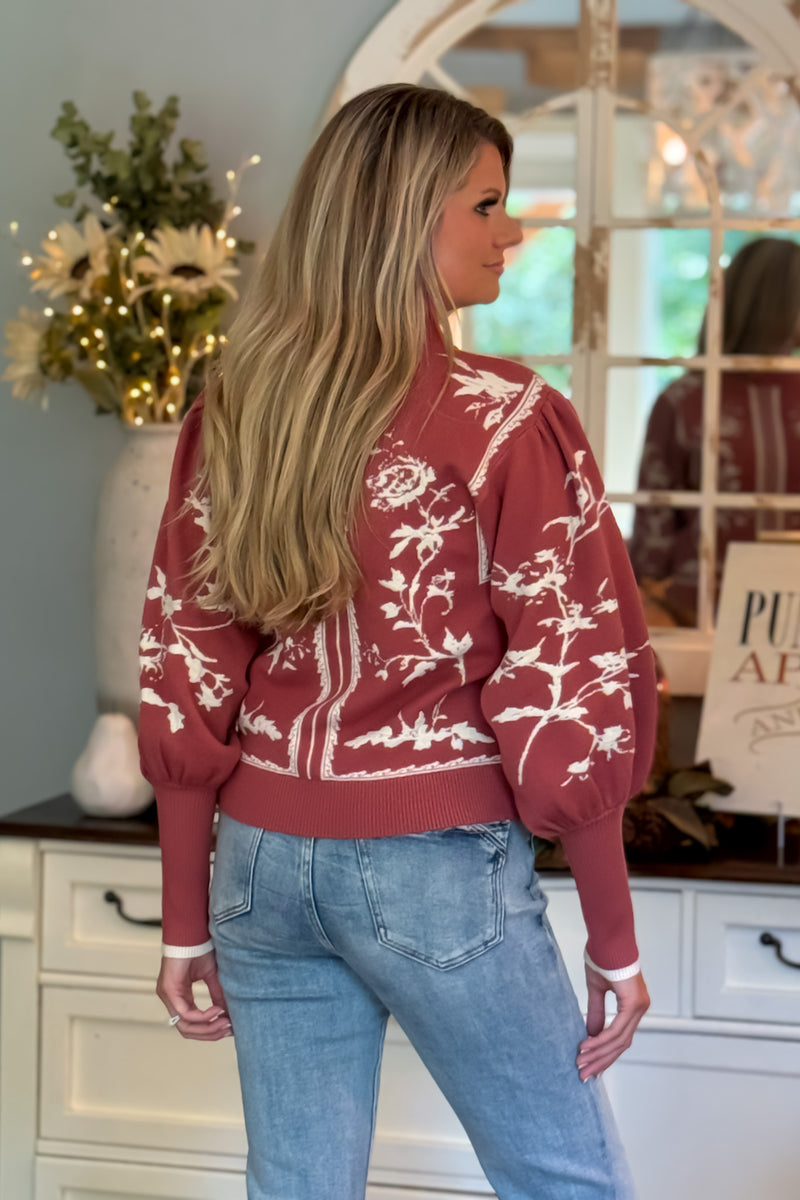 Kaelynn Balloon Sleeve Mock Neck Sweater : Red Bean