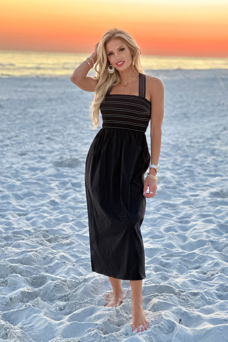 Liverpool Airlea Smocked Woven Knit Midi Dress : Black