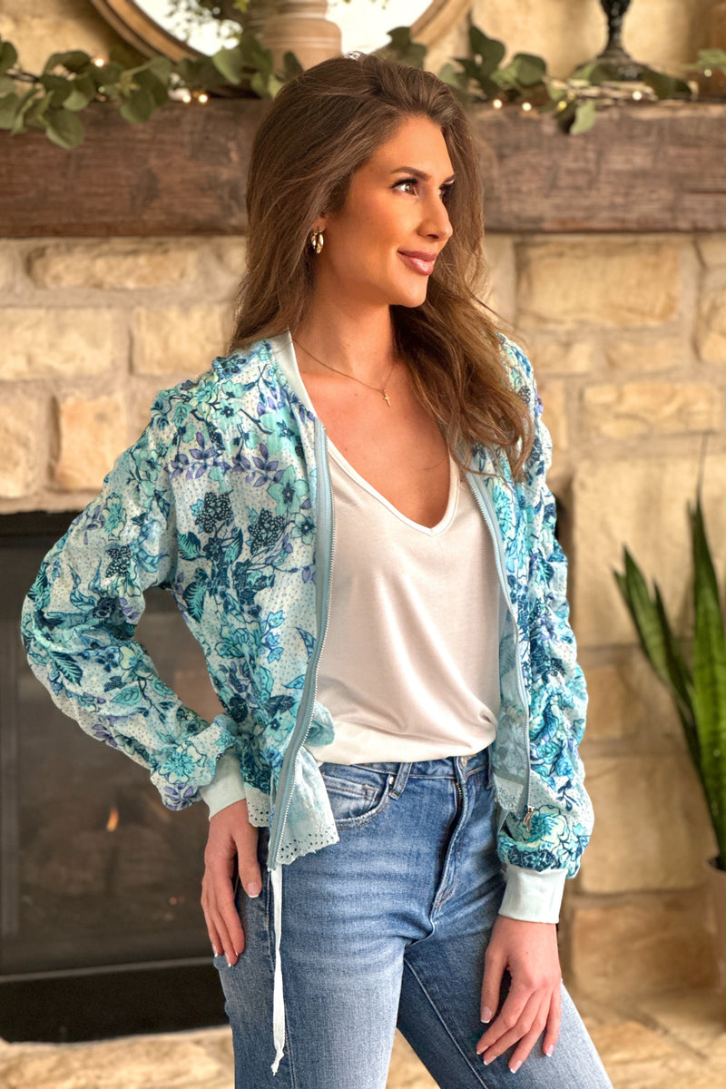 Tresca Scalloped Lace Edge Bomber Jacket : Ocean Blue