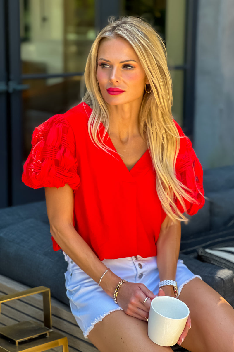 Ronda V neck with Sleeve detail : Tomato Red