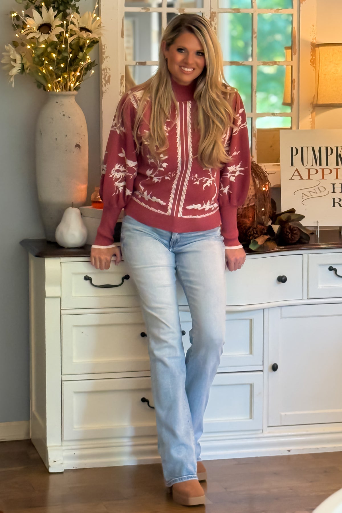 Kaelynn Balloon Sleeve Mock Neck Sweater : Red Bean