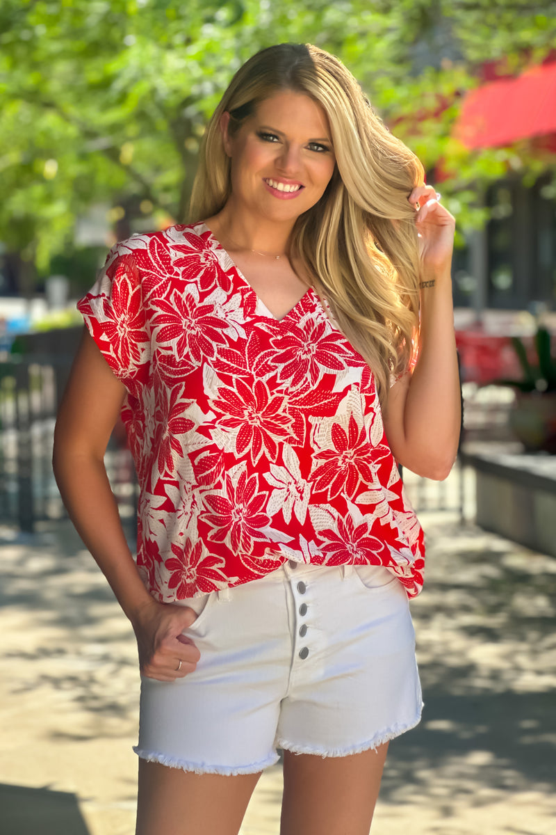 Hilani Floral Print V neck Top : Red