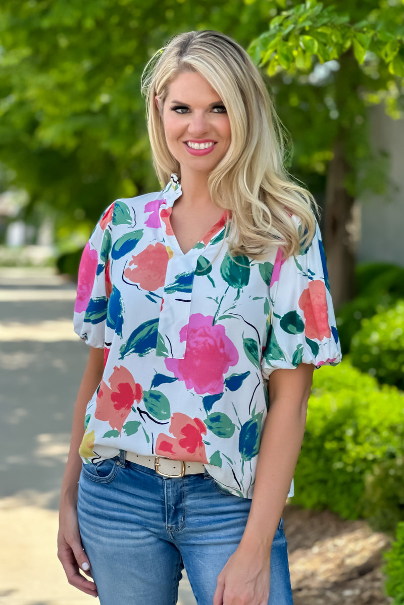 Feels Like Love Puff Sleeve Slit Neck Top : Ivory/Pink/Floral