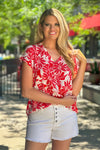 Hilani Floral Print V neck Top : Red