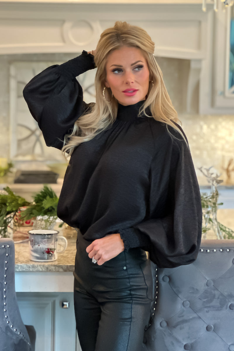 Midnight Stroll Satin Blouse : Black