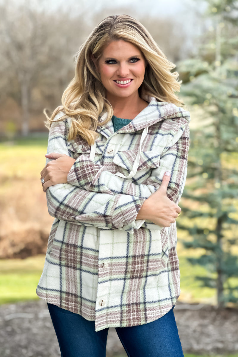 Almira Hooded Cozy Flannel Plaid Shacket : Ivory/Green/Mauve