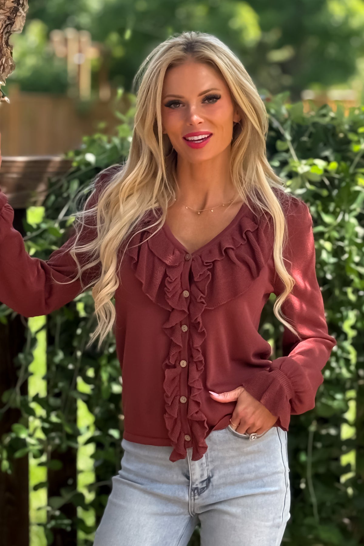 Kirrily Ruffle Contrast Fine Gauge Top : Rust Maroon