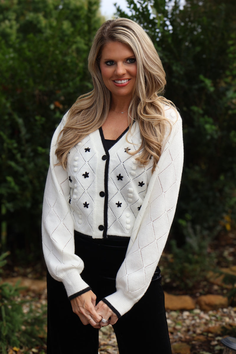 Lynette Flower Button Up Sweater : Off White