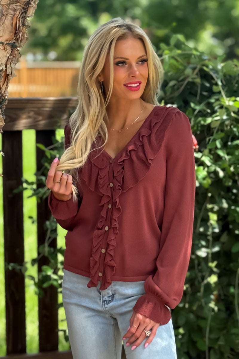 Kirrily Ruffle Contrast Fine Gauge Top : Rust Maroon