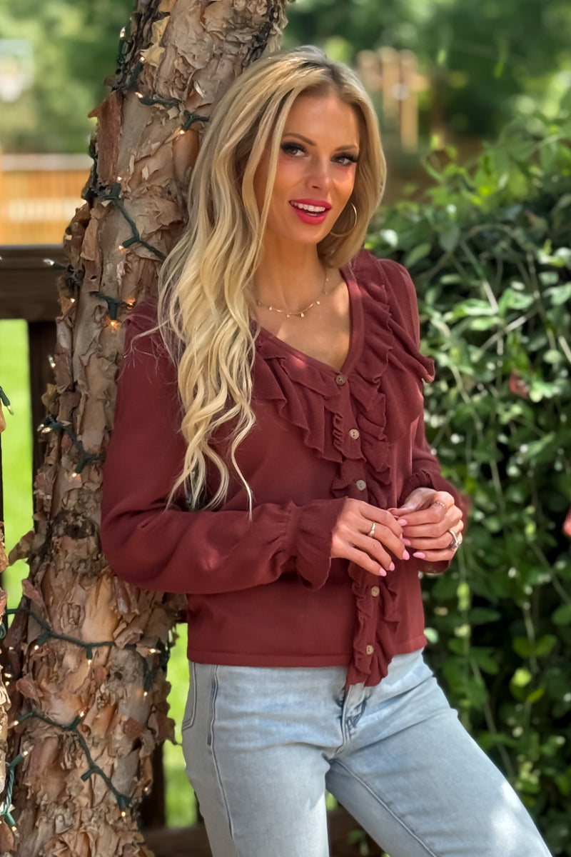Kirrily Ruffle Contrast Fine Gauge Top : Rust Maroon