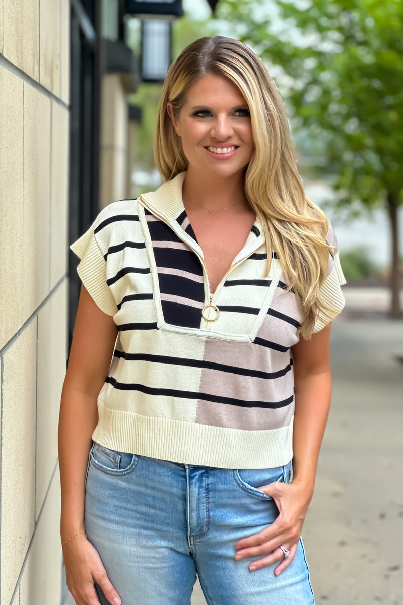 Layton 1/2 Zip Striped Top : Cream