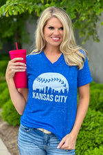 Kansas City Skyline Marble V-Neck Tee : Royal/White￼