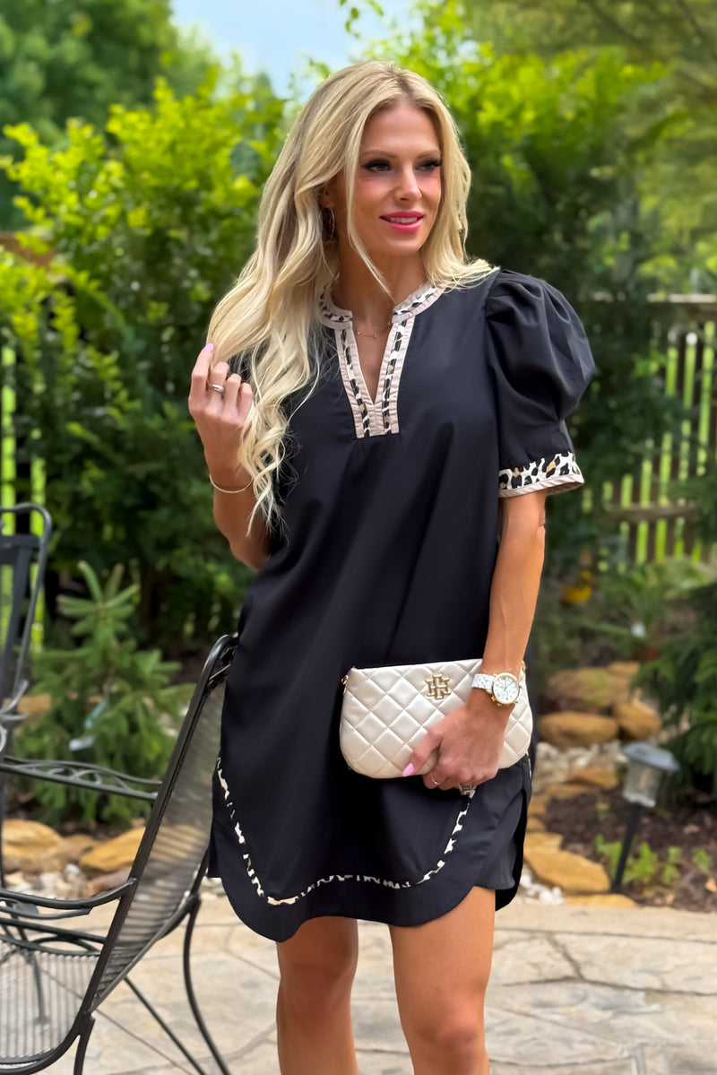 Laylee Leopard Banded Puff Sleeve Dress : Black