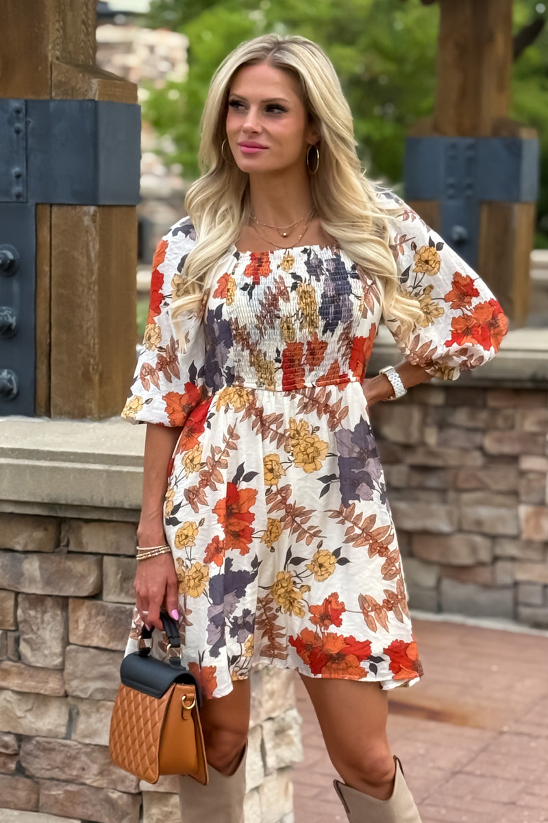 Cailin  Floral Print Ruched Dress : Rust
