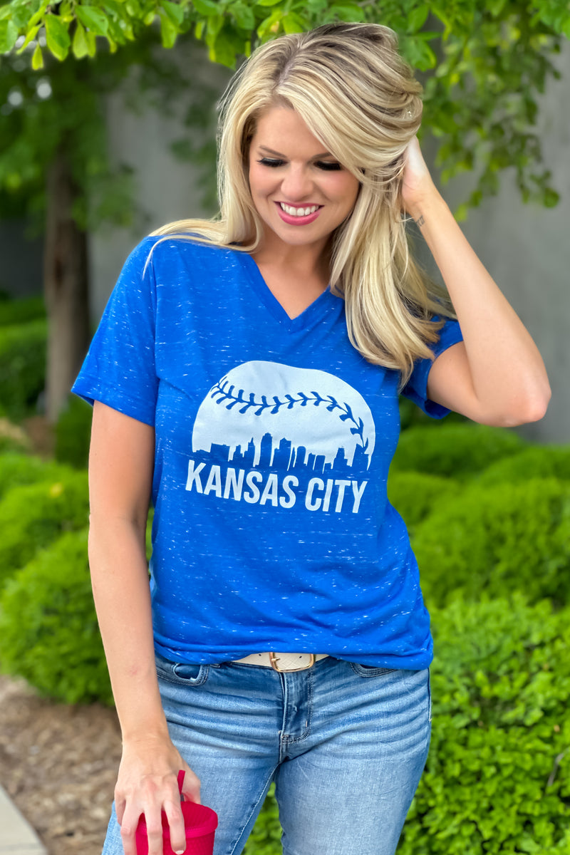 Kansas City Skyline Marble V-Neck Tee : Royal/White￼