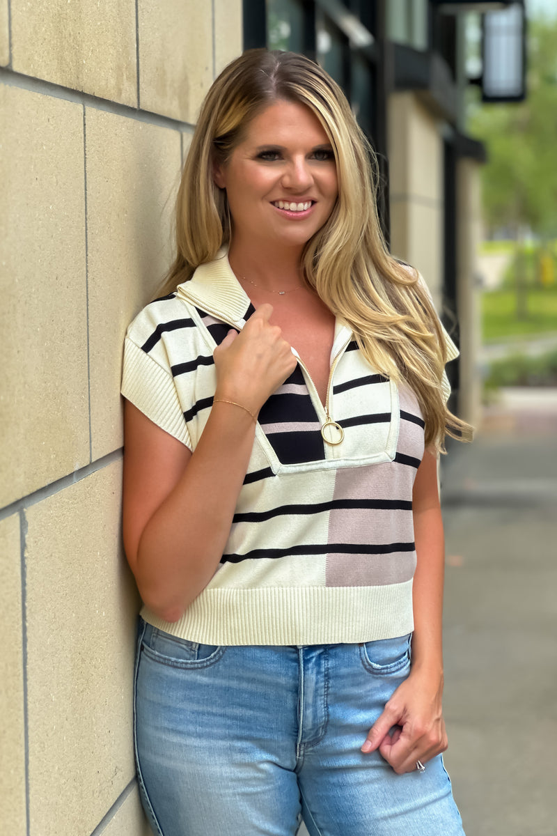 Layton 1/2 Zip Striped Top : Cream