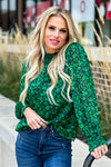 Floral Fun Bubble Sleeve Mock Neck Blouse : Green/Navy