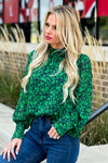 Floral Fun Bubble Sleeve Mock Neck Blouse : Green/Navy