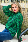 Floral Fun Bubble Sleeve Mock Neck Blouse : Green/Navy