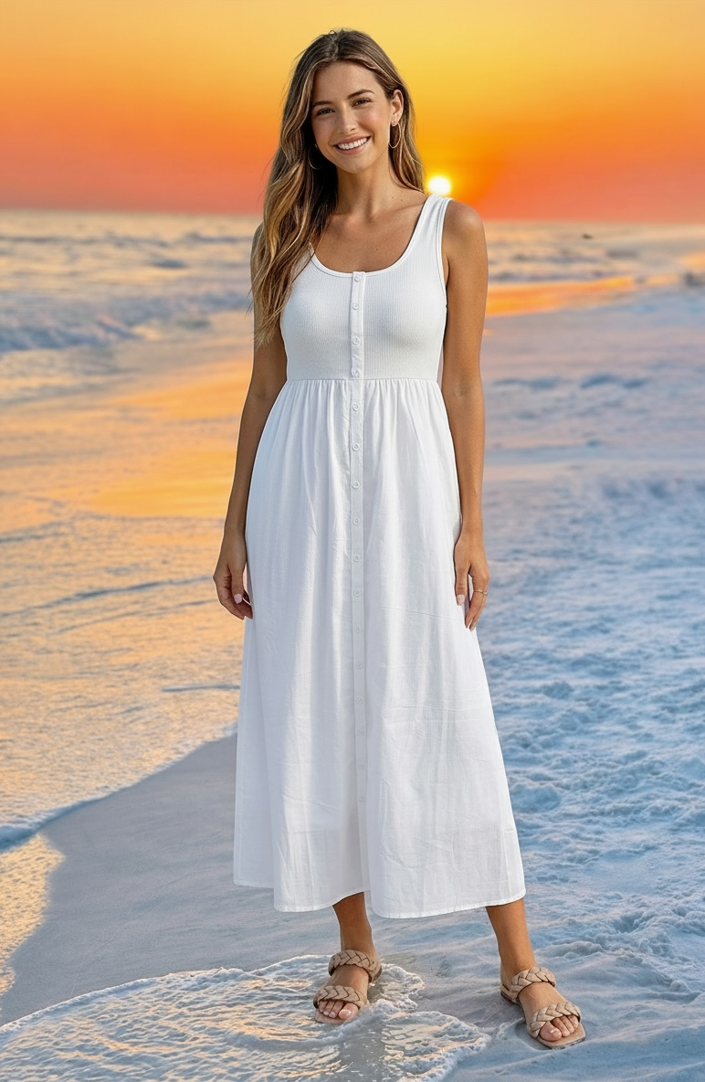 Tatum Knit Tank Button Up Midi Dress : Off White