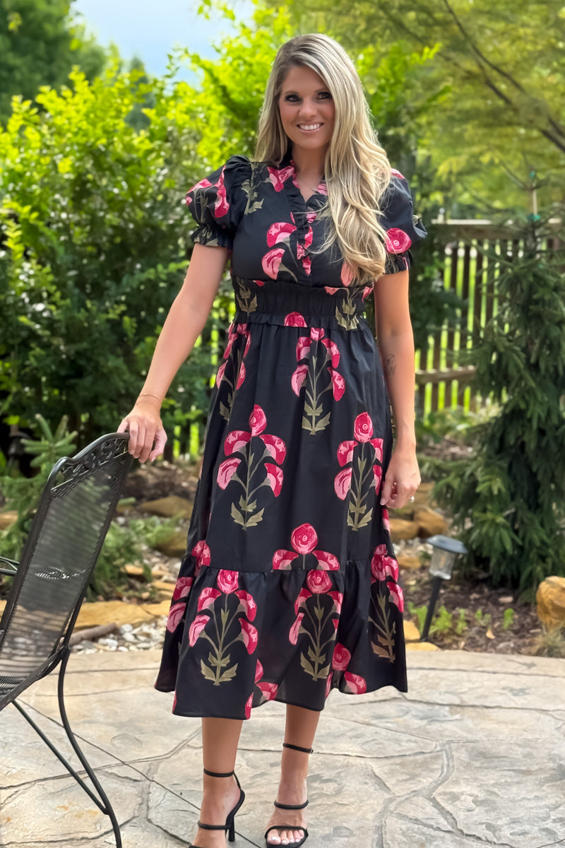 Miranda Floral Print Smocked Dress : Black