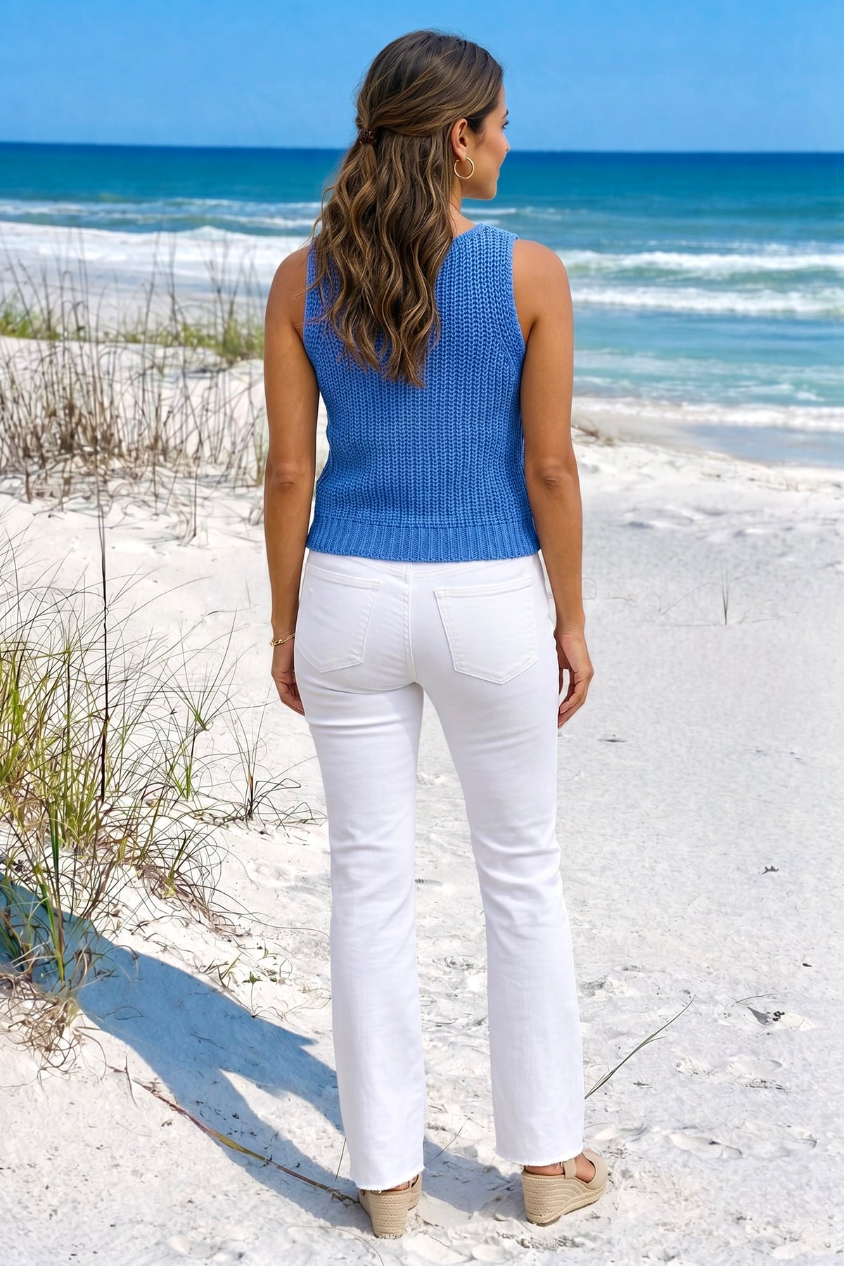 Jenessa V-Neck Knitted Tank Top : Surf Blue