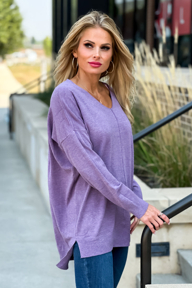 Cider And Smiles Oversized V-Neck Sweater : Heather Purple