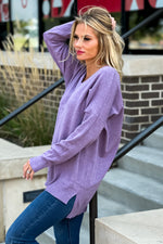 Cider And Smiles Oversized V-Neck Sweater : Heather Purple