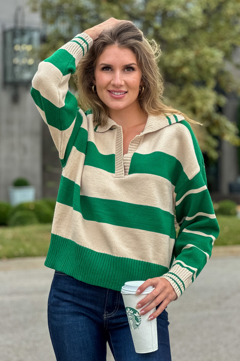 Julienne V neck Striped Sweater : Green