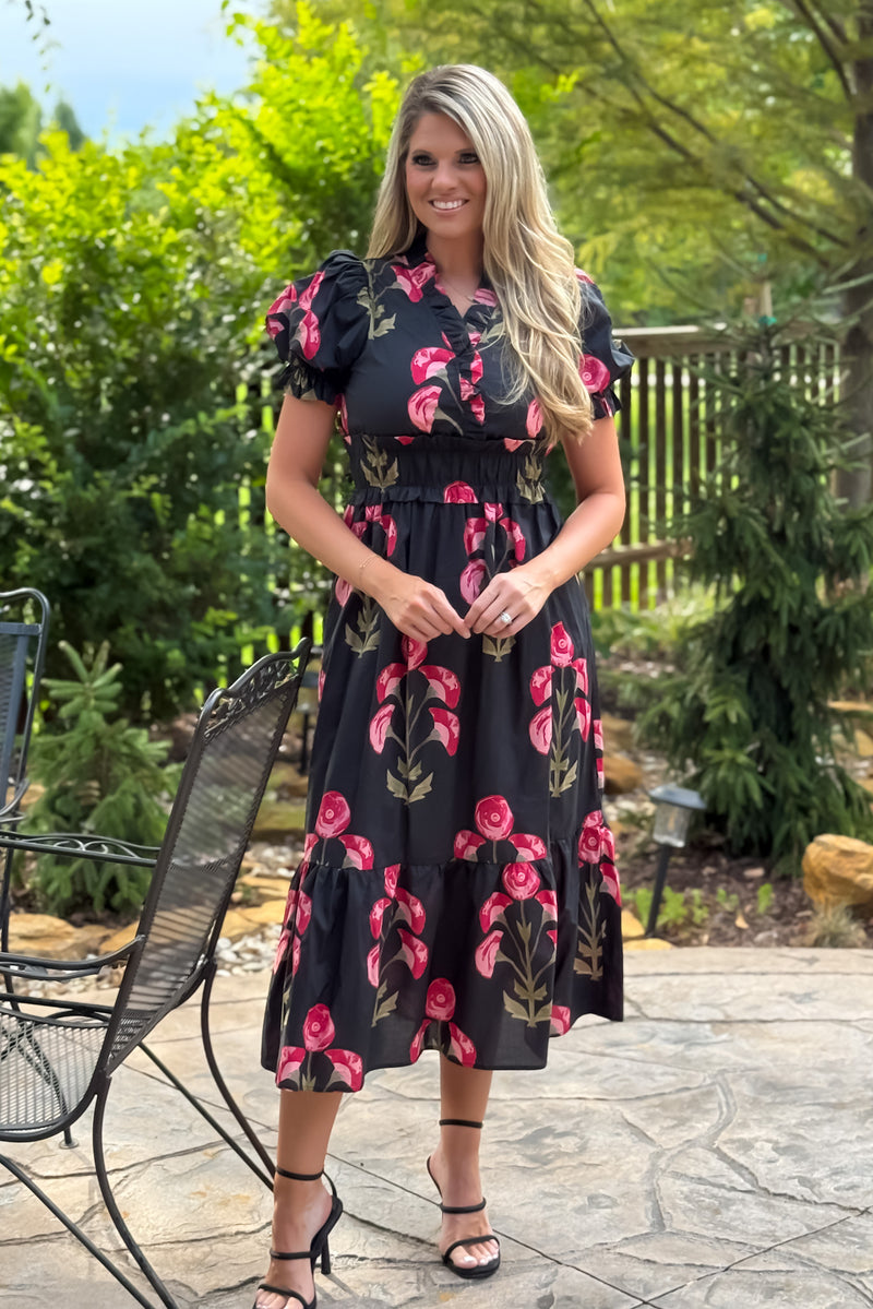 Miranda Floral Print Smocked Dress : Black