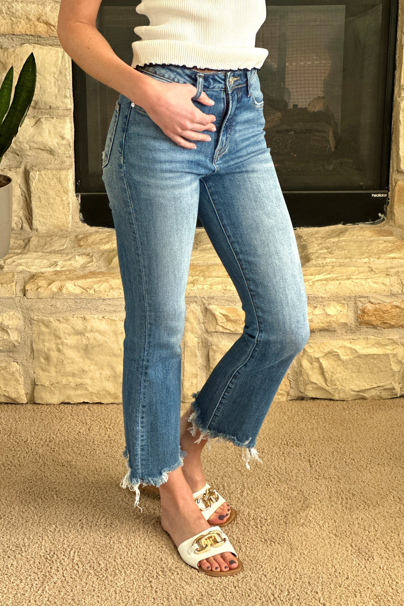 Bayeas Everly High Rise Frayed Hem Ankle Flare Jeans : Med. Blue