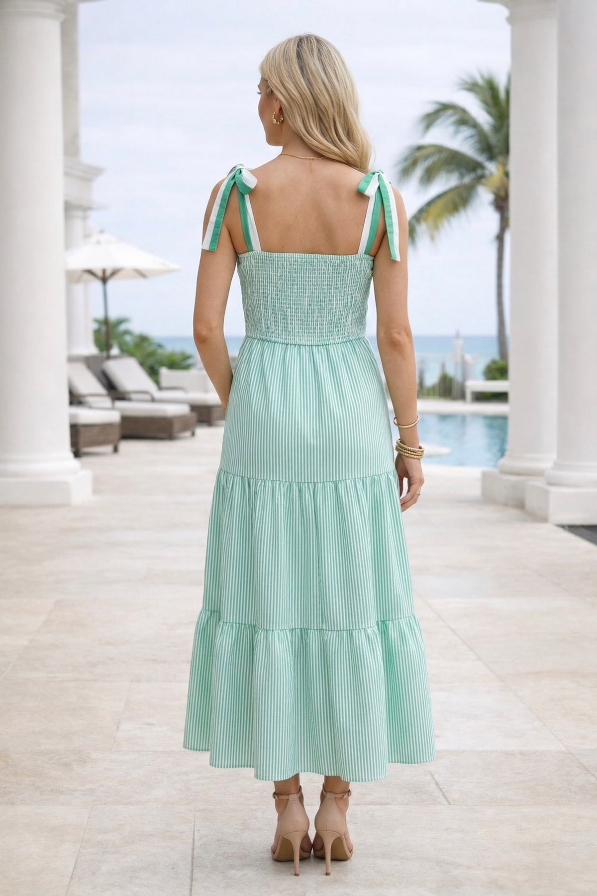 Calista Stripe 2 Tone Sleeveless Bow Tie Midi Dress : Green