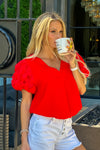 Ronda V neck with Sleeve detail : Tomato Red