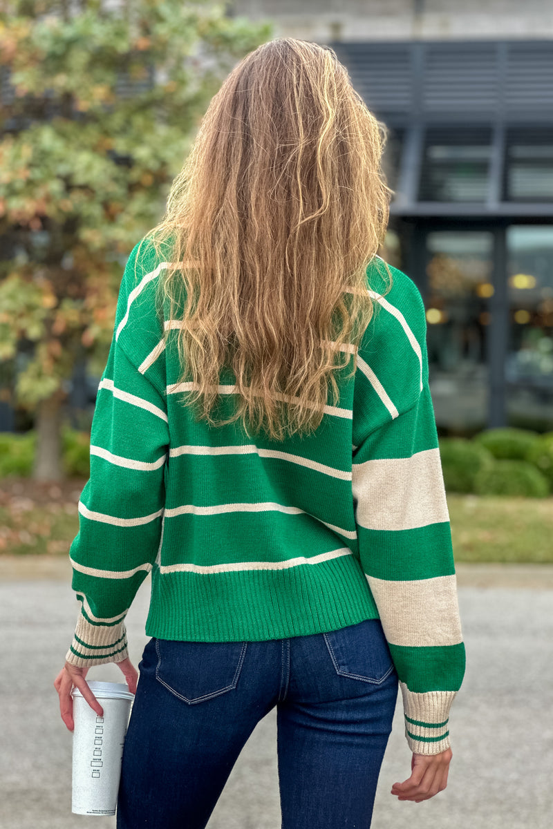 Julienne V neck Striped Sweater : Green