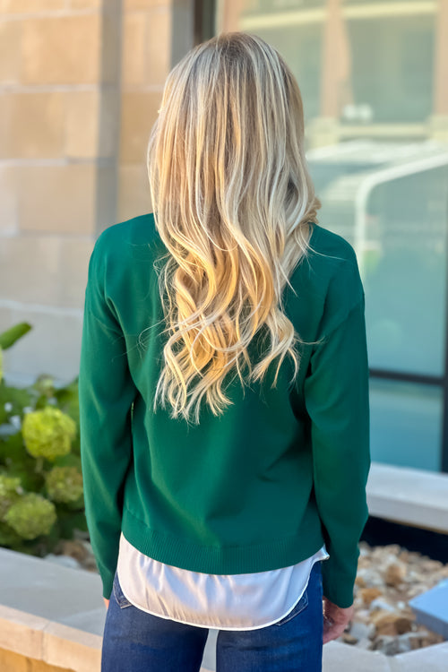 Mindi V neck Combo Sweater Top : Pine Green