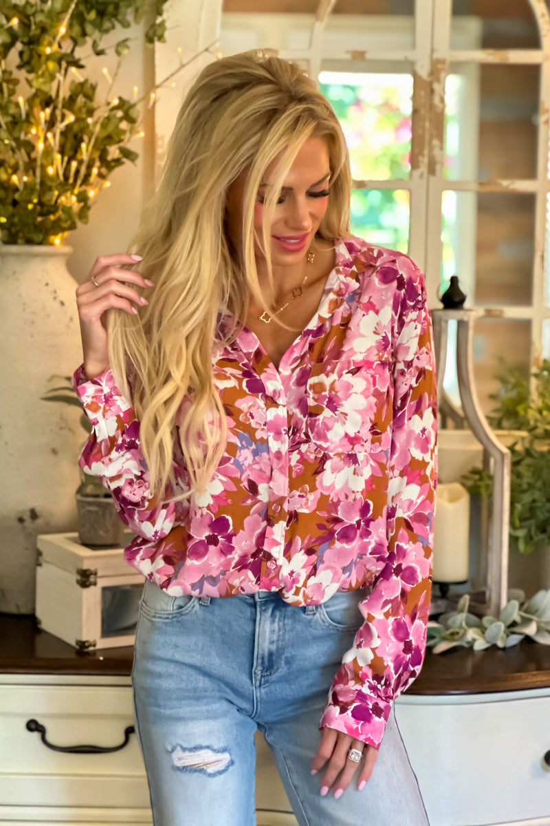 Marjorie Floral Button Up Blouse : Pink