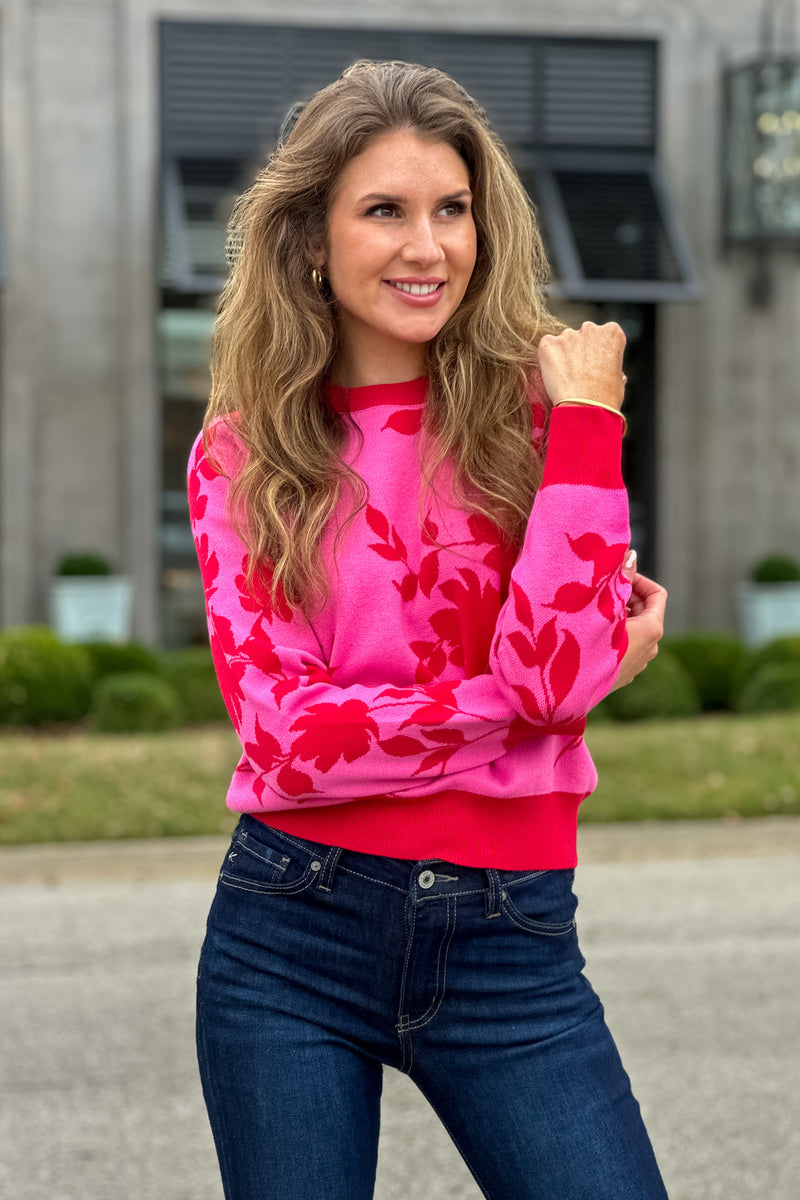 Avyanna Flower Jacquard Sweater : Hot Pink