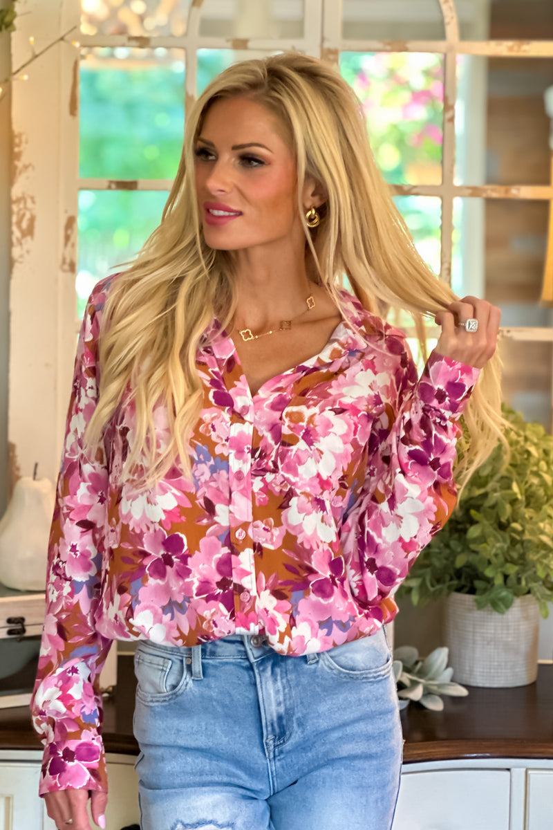 Marjorie Floral Button Up Blouse : Pink