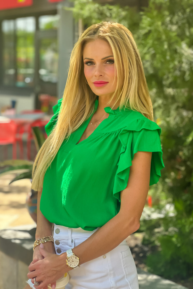 Tenley Flutter Sleeve V neck Top : Green