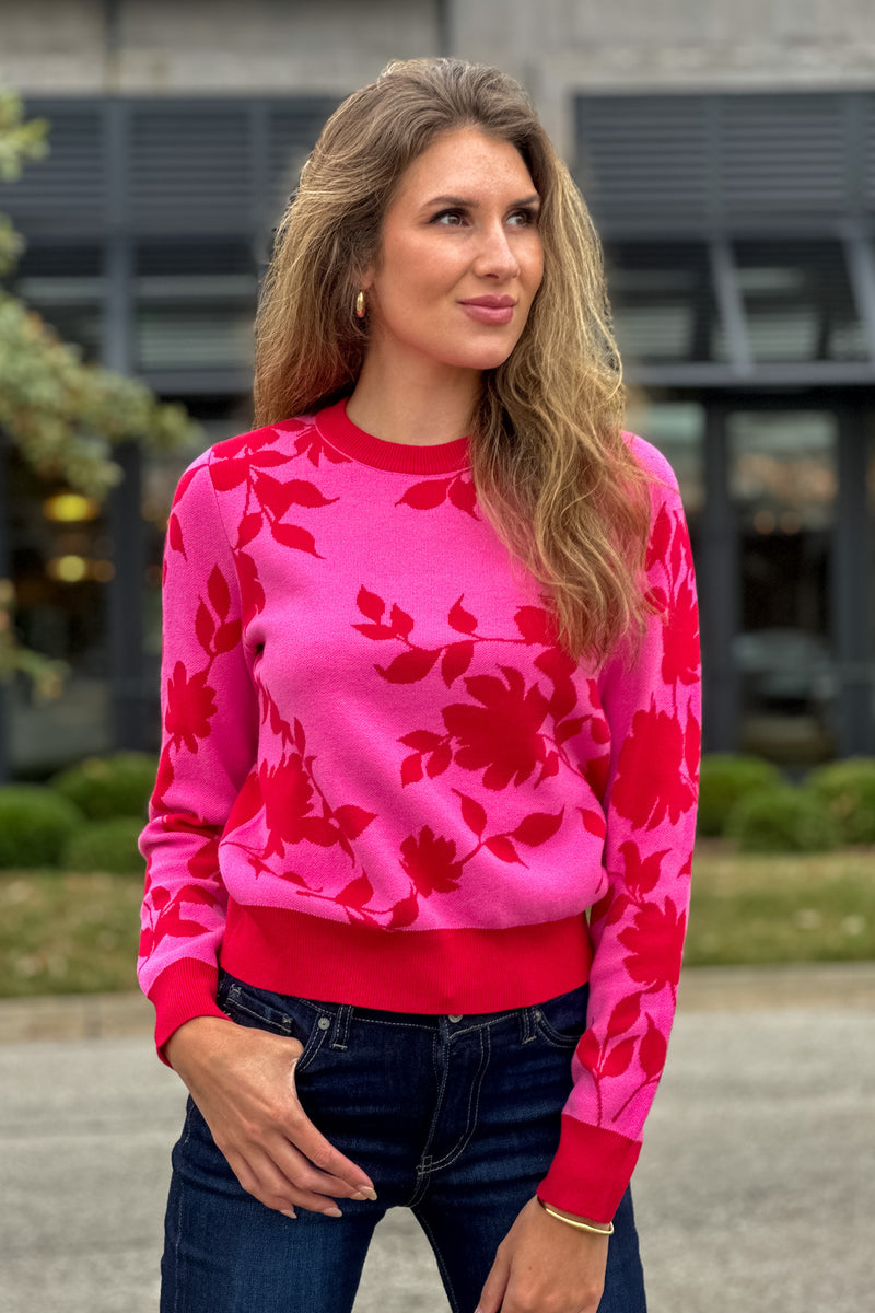 Avyanna Flower Jacquard Sweater : Hot Pink