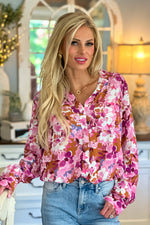 Marjorie Floral Button Up Blouse : Pink