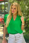 Tenley Flutter Sleeve V neck Top : Green