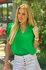 Tenley Flutter Sleeve V neck Top : Green