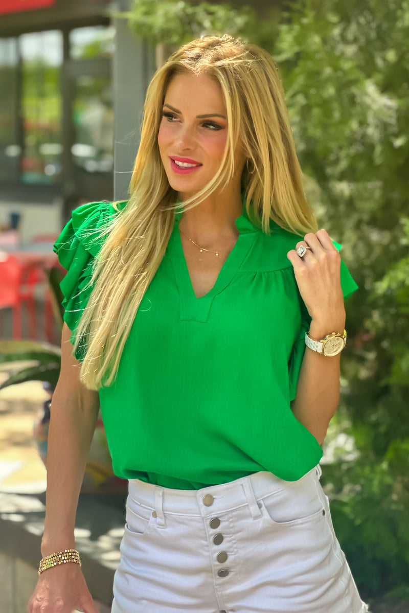 Tenley Flutter Sleeve V neck Top : Green