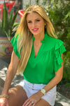 Tenley Flutter Sleeve V neck Top : Green