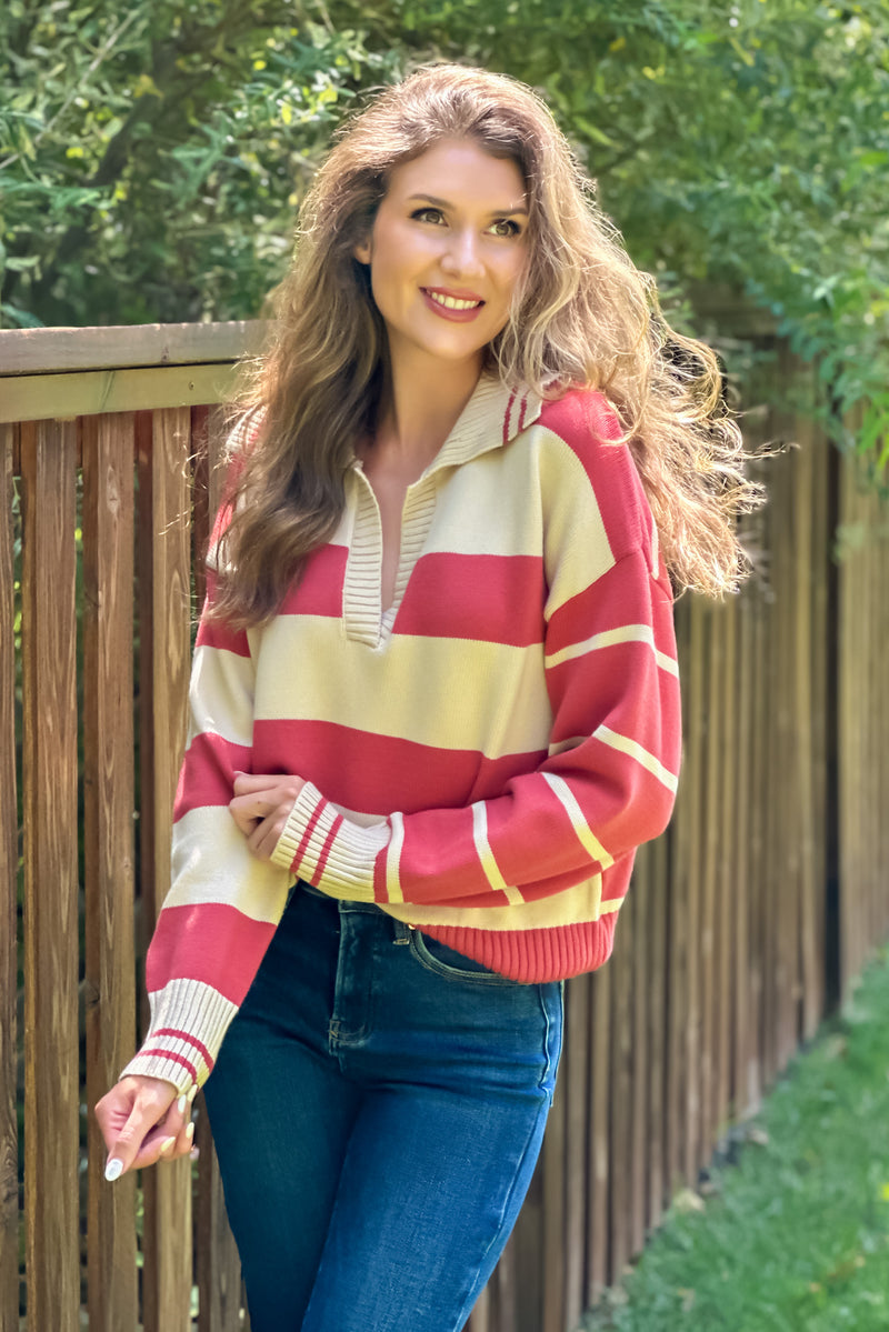 Julienne V neck Striped Top : Rust