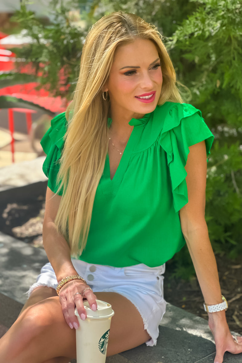 Tenley Flutter Sleeve V neck Top : Green