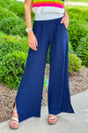 Glam Style Side Slit Wide Leg Pant : Navy