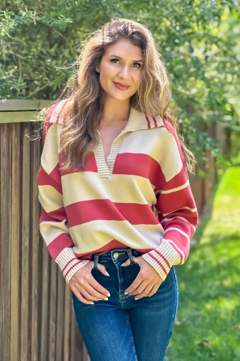 Julienne V neck Striped Top : Rust