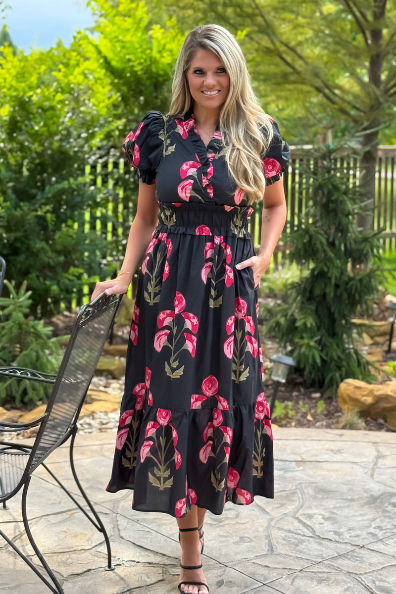 Miranda Floral Print Smocked Dress : Black